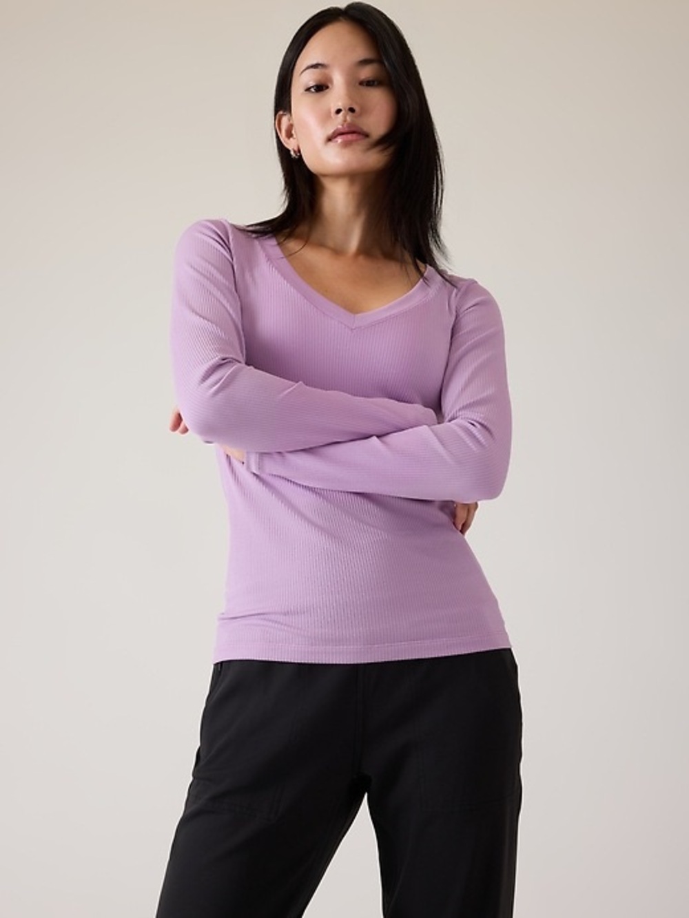 Athleta Long Sleeve V-Neck Ribbed Tee in Plum Purple